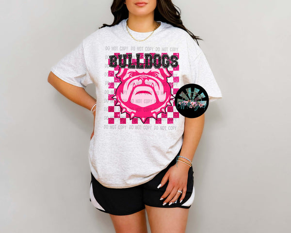 Checkered Faux Glitter Preppy Hot Pink Bulldogs PNG Digital Design