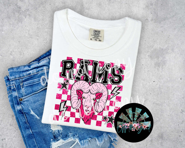 Checkered Faux Glitter Preppy Hot Pink Rams PNG Digital Design