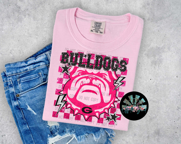 Pink Faux Glitter Preppy Checkered UGA Bulldogs w/ Stars & Lightening Bolts