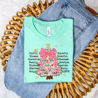 Pink Floral Christmas Tree wit Bow Joyful Blessed Peaceful Cheerful T-Shirt and Sweatshirt