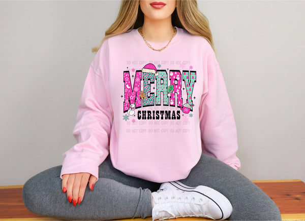 Pink and Mint Leopard Merry Christmas Black Letters T-Shirt and Sweatshirt