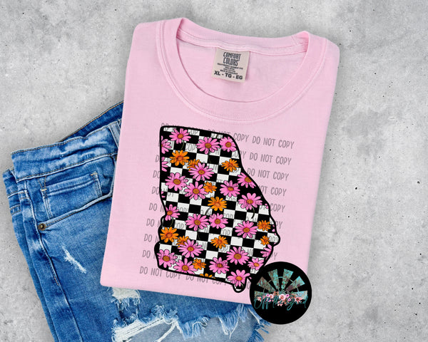 Pink & Orange Flowers on Checkered Georgia Short Sleeve T-Shirt