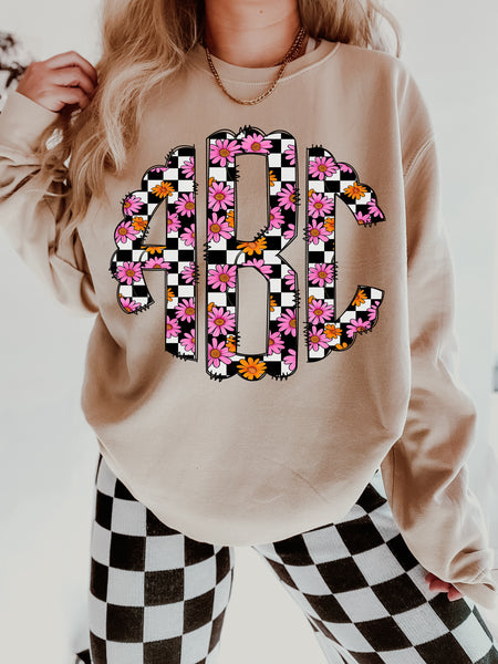 Pink and Orange Flowers in Checkered Monogram Short Sleeve T-Shirt