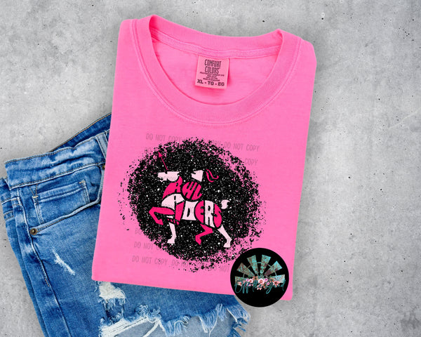 KIDS Preppy Hot Pink and Light Pink Raiders Mascot on Faux Black Glitter Circle Short Sleeve T-Shirt OTG Exclusive