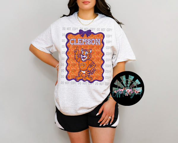 Faux Glitter with Coquette Bow Border Clemson PNG Digital Design