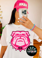 KIDS Preppy Bulldog Hot Pink and Faux Black Glitter Outline Short Sleeve T-Shirt