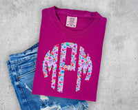 Purple Faux Stitch Floral Monogram Short Sleeve T-Shirt