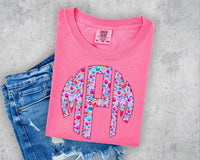 Purple Faux Stitch Floral Monogram Short Sleeve T-Shirt