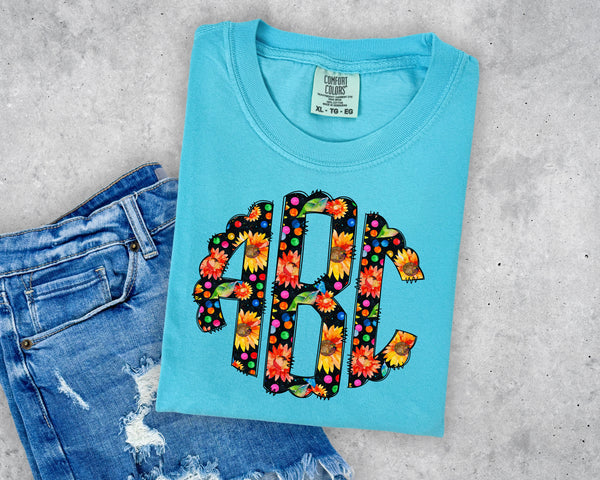 Rainbow Dots and Sunflowers Monogram Short Sleeve T-Shirt