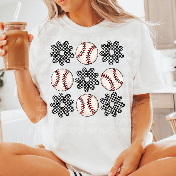 Retro Checkered Floral Baseball T-Shirt