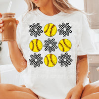 Retro Checkered Floral Softball T-Shirt