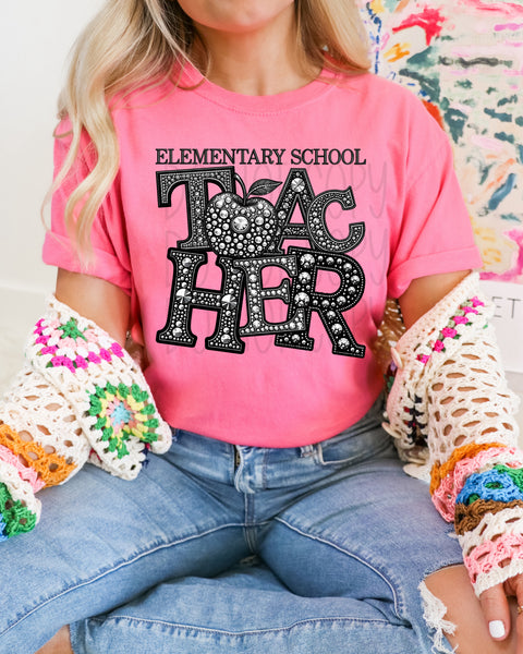 Rhinestone Elementary School Teacher Short Sleeve T-Shirt