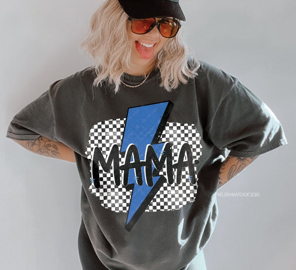 Checkered Blue Lightening Bolt MAMA Short Sleeve T-Shirt