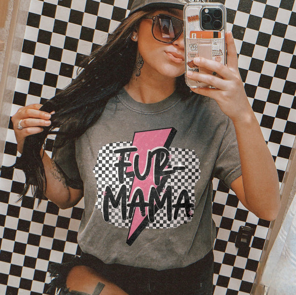 Checkered Pink Lightening Bolt FUR MAMA Short Sleeve T-Shirt