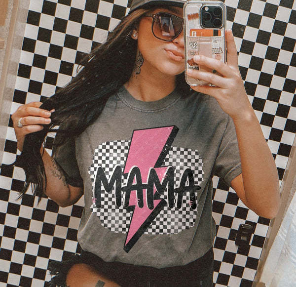 Checkered Pink Lightening Bolt MAMA Short Sleeve T-Shirt