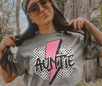 Checkered Pink Lightening Bolt AUNTIE Short Sleeve T-Shirt