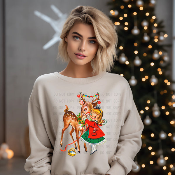 Vintage Girl and Reindeer T-Shirt and Sweatshirt