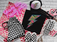 Western Retro Neon Checkered Lightening Bolt Short Sleeve T-Shirt