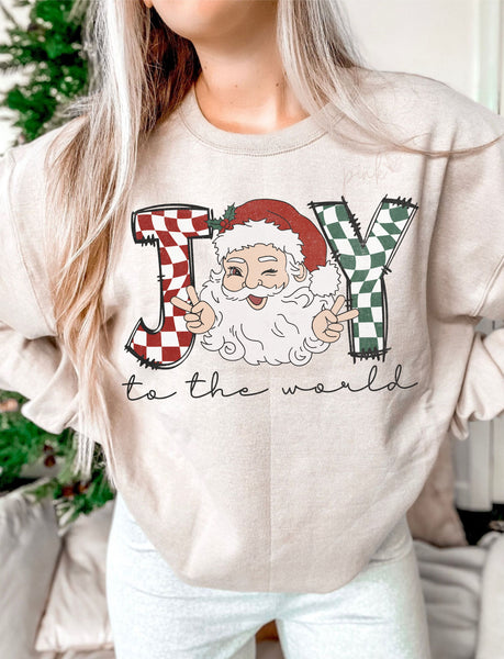 Checkered Joy to the World Santa T-Shirt and Sweatshirt