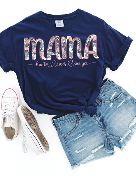 Navy & Pink Floral Mama with Kids Names T-Shirt