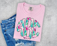 Pink and Teal Cactus Scalloped Monogram Short Sleeve T-Shirt