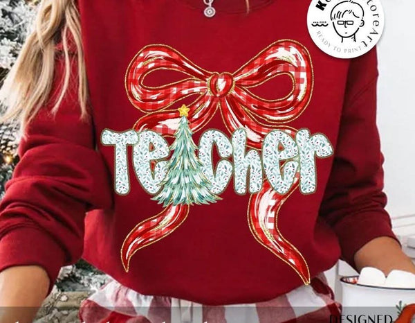 Teacher Christmas Tree with Red Plaid Bow T-Shirt and Sweatshirt